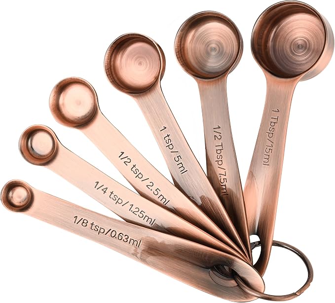 Copper Measuring Spoons Set with Flat Bottom for Kitchen & Baking, Stainless Steel Measuring Spoons Set for Dry & Liquid, Metal Measuring Tools Set with Engraved US & Metri Markings