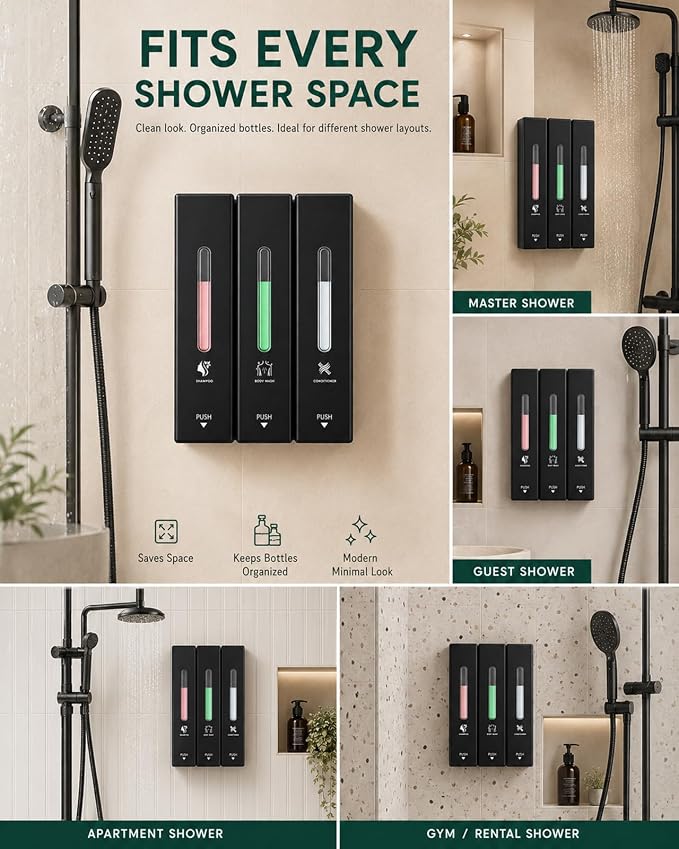 Shampoo and Conditioner Dispenser Wall Mounted, 3-Chamber Shower Soap Dispenser for Bathroom, 1200ML Large Capacity, No-Drill Installation, Clog-Free Pump for Thick Liquids (black-3-pack)