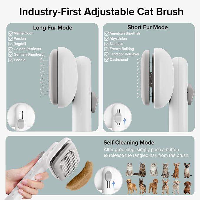 Cat Brush for Shedding, 2 Pcs Industry-First Adjustable Cat Brushes for Indoor Cats, Self-Cleaning Slicker brush, 264 Skin-Friendly Needles for Long or Short Haired Dogs, Perfect for Deshedding