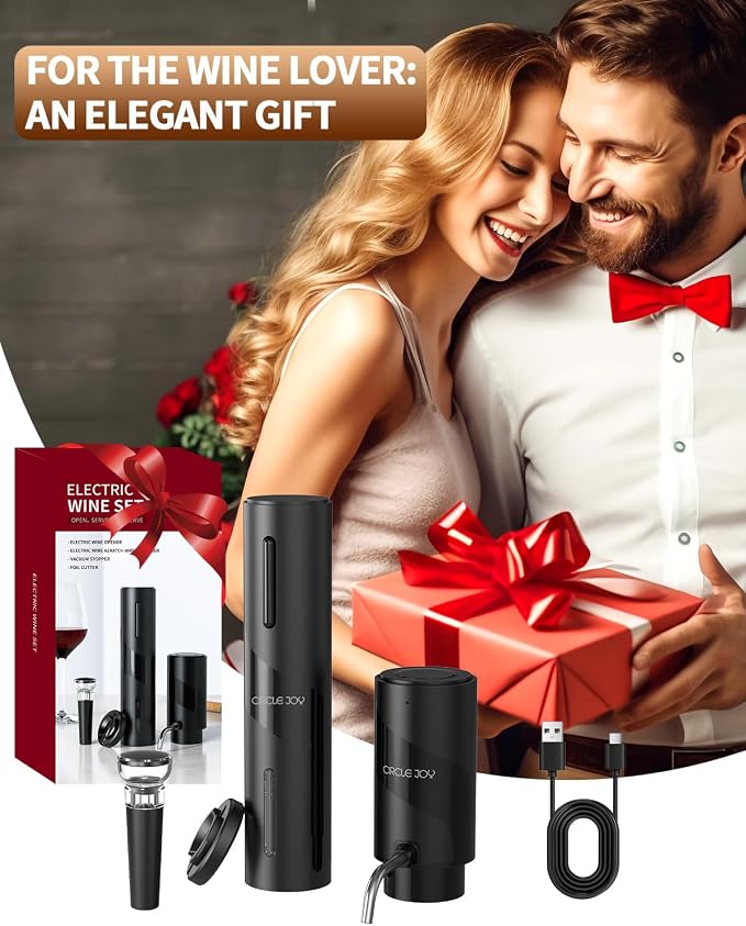 CIRCLE JOY 5-in-1 Electric Wine Bottle Opener Set, Rechargeable Wine Opener Kit, Cordless Wine Gift Set with Foil Cutter, Electric Aerator & Pourer and Vacuum Stopper for Wine Lovers, Black