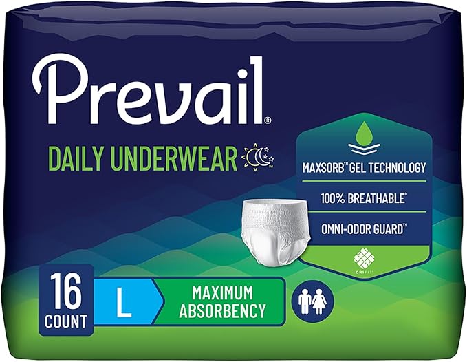Prevail Daily Unisex Underwear Maximum Disposable Incontinence Underwear Pull On with Tear Away Seams Large, PVS-513, 16 Count