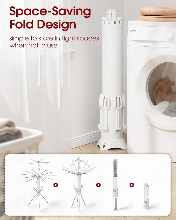 Sakugi Foldable Clothes Drying Rack – Collapsible Laundry Rack with 12 Steel Arms, 4-Leg Stable Base, Reinforced Frame with Clips & Shoe Holders for Indoor Outdoor Use, 44" D x 44" W x 71" H, White