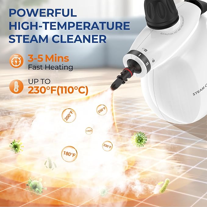 Steam Cleaner, Pressurized Handheld 13pcs Multi-Purpose Natural Deep Cleaning Steamer, Portable Steamer for Cleaning Home, Grout, Kitchen, Car, Window, Upholstery, Bathroom and Clothes, White