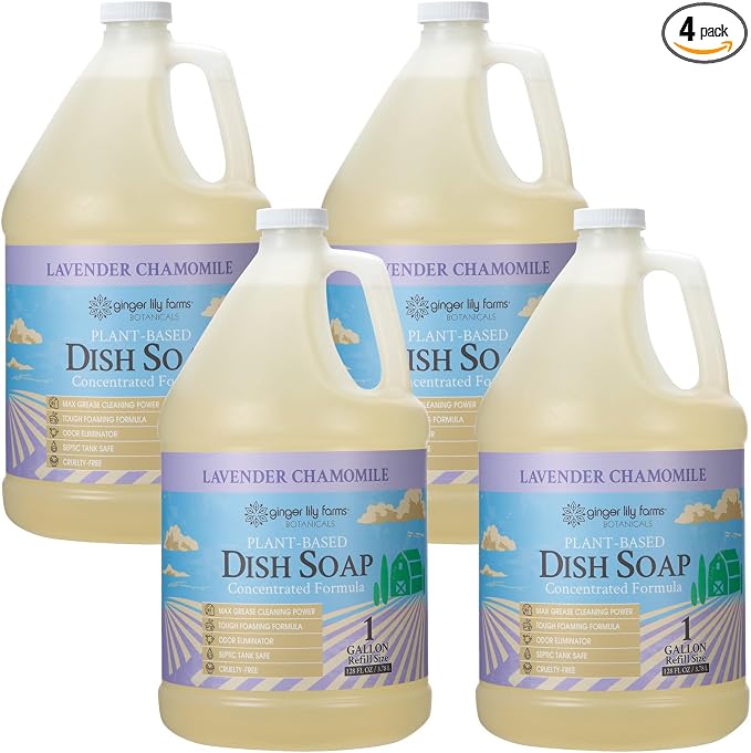 Ginger Lily Farms Botanicals Plant-Based Liquid Dish Soap, Concentrated Formula with Max Grease Cleaning Power, Cruelty-Free, Lavender Chamomile Scent, 1 Gallon (Pack of 4)