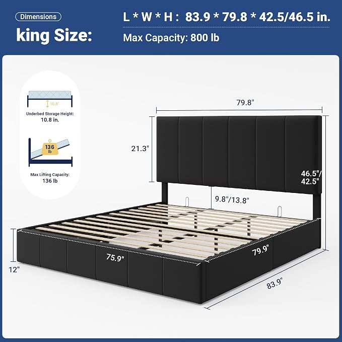 Allewie King Size Velvet Lift Up Hydrualic Storage Bed Frame, Black | Vertical Channel Tufted Headboard, Hydrualic Underneath Storage, Upholstered Platform Bed, No Box Spring Needed