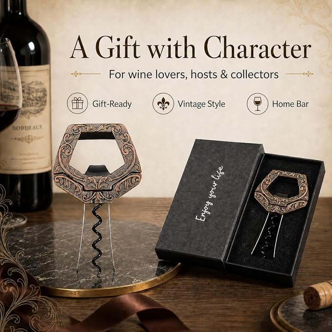 Wine Couple 3 in 1 Wine Bottle Opener, Ah So Two Prong Corkscrew (Copper) | For old fragile corks, beer caps and vintage bottles. Black gift box for wine lovers, collectors and gifting