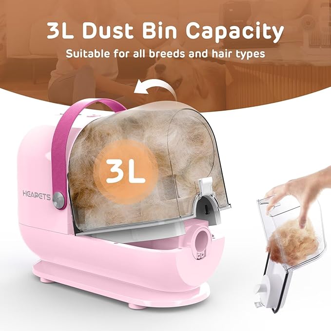 HEAPETS Dog Grooming Vacuum Kit - 3L Vacuum with 7 Tools, Low Noise Electric Clipper and Brush for Pet Shedding at Home, Pink