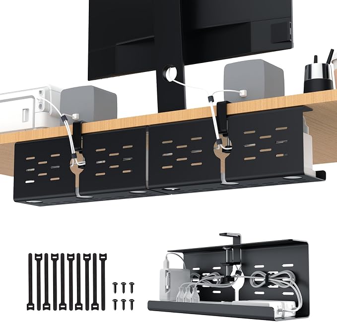 KEEGH 16" Under Desk Cable Management Tray, No Drill Clamp Mount, Desk Cord Organizer Upgrade Capacity, Cord Management Tray for Home Office, Gaming Desk, Standing Desk, Black, 2 Pack