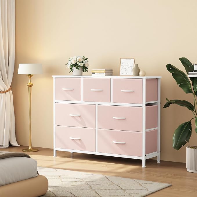 Sweetcrispy 7 Drawer Dresser with Fabric Bins, Fabric Storage Tower Organizer for Bedroom, Closet, Hallway, Entryway, Tall Chest of Drawers with Steel Frame, Wood Top, Large Storage, Pink