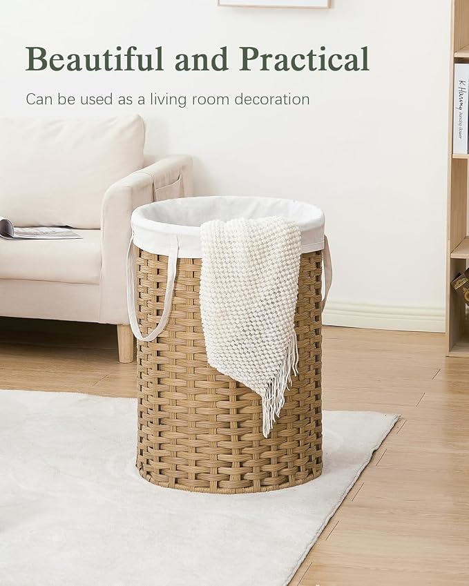 SETVSON Laundry Basket Round Rattan Laundry Hamper 29.1 Gal(110 L)Handwoven Large Wicker Basket with Handles, Wicker Hamper with Removable Bags and 2 Mesh Bags for Bathroom Living Room Natural(No Lid)