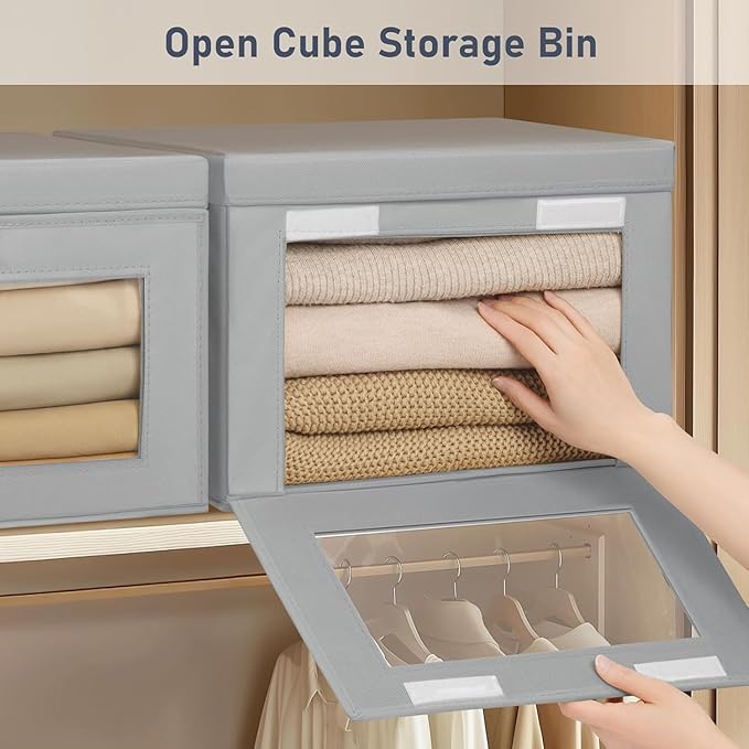 DIMJ Storage Bins with Lids - 5 Pack Fabric Closet Organizer with Window & Handles, Collapsible Decorative Storage Boxes for Shelves Under Bed, Books Clothes Blankets Sweaters Organization