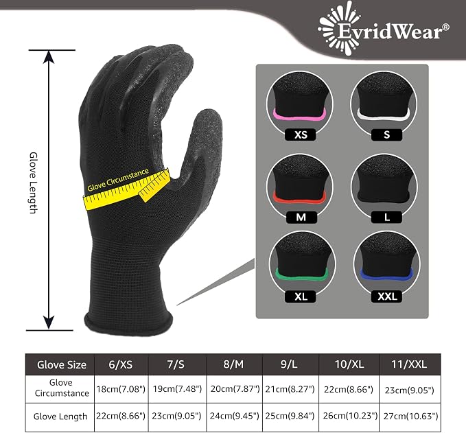 Evridwear Crinkle Latex Rubber Hand Coated Safety Work Gloves for Men Women General Multi Use Construction Warehouse Gardening Assembly Landscaping,Black X-small 12 Pairs Pack