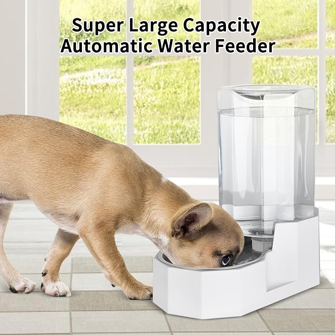 Sfozstra Dog Water Bowl Dispenser: 7L White Gravity Stainless Steel Bowl | Stable Non-Slip Base/Easy Refill/Indoor & Outdoor Use/Food-Grade Materials/Indoor & Outdoor Use