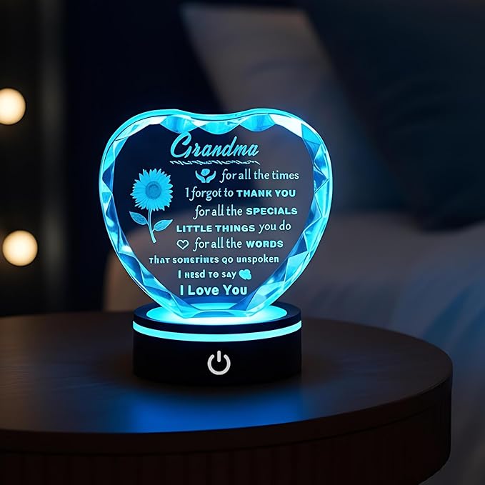 Gifts for Grandma with Colorful LED Base, Meaningful Heart Crystal Grandma Birthday Gifts, Great Gift Ideas for Grandmother on Mothers Day Thanksgiving from Granddaughter or Grandson