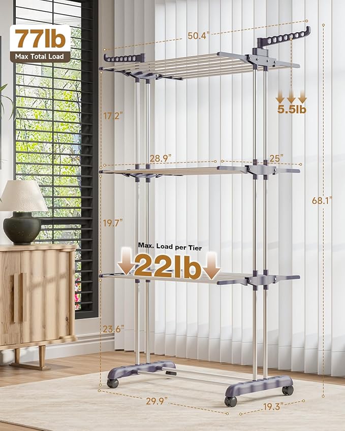 Bigzzia Clothes Drying Rack Folding Drying Rack Clothing 4 Tier Clothes Horses Rack Stainless Steel Laundry Drying Rack with Two Side Wings Grey