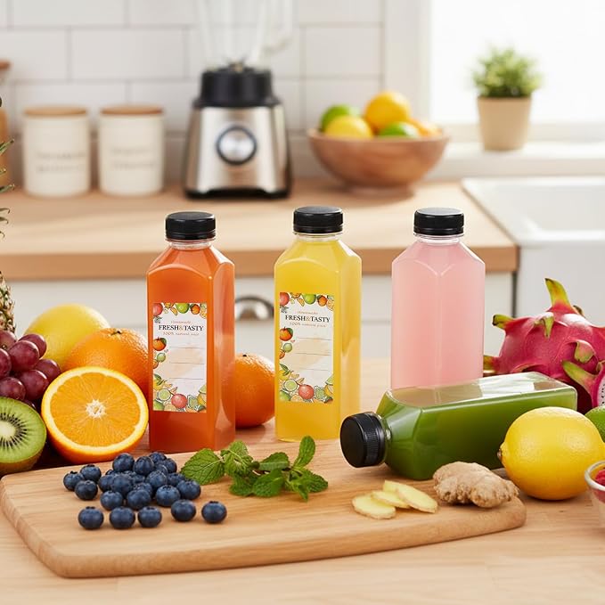 TOMNK 150pcs Juice Bottles, 16oz Reusable Plastic Juice Bottles with Caps and Labels, Funnel, Brush Beverage Containers for Juicing, Smoothies, Tea, Milk