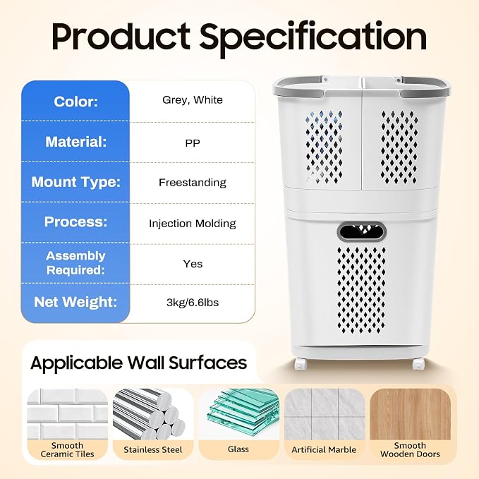 Laundry Hamper, Large Storage Basket Sorter 3 Tiers Organizer for Dirty Clothes Toys Towel,Heavy Duty Laundry Cart Baskets with Wheels in Laundry Room Organization
