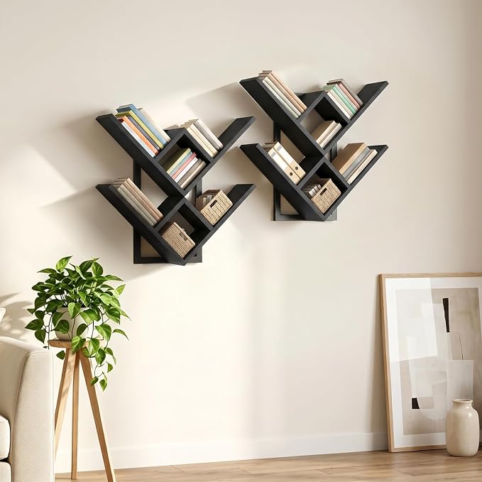 HOOBRO Floating Shelves for Wall, Set of 2 Wall Mounted Shelves, 2-Tier Wooden Tree Bookshelf, Hanging Shelves Storage Rack, for Living Room, Kitchen, Office, Black BB54BJP201