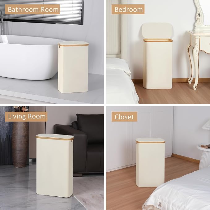 iEGrow 65L Slim Laundry Hamper, Narrow Laundry Basket with Lid,Foldable Clothes Hamper with Bamboo Handles,Hamper Basket with Removable Inner Bag for Laundry Room Bedroom College Dorm,17.17 Gals Beige