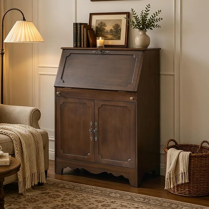 Ahokua Vintage Storage Cabinet with Flip Down Desk, Wood Accent Cabinet with Adjustable Shelf and Hidden Workspace, Entryway Cabinet with Doors for Living Room, Home Office, Walnut