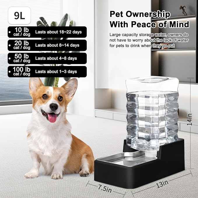 9L Dog Water Bowl Dispenser for Dogs:Leak Resistant Waterer | Filter-Free Design/Gravity Auto Refill/Stainless Steel Bowl/Multi-Pet Friendly/Easy to Clean/Multi-Pet Friendly