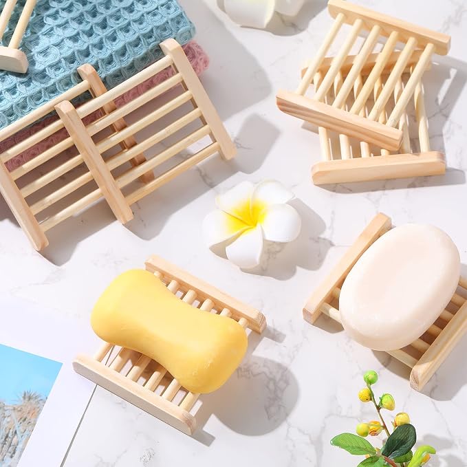 Amyhill 100 Pcs Bamboo Wood Soap Dish Bulk Bathroom Wooden Soap Holder Savers Self Draining Dishes Handcraft Tray, 3.3 x 3.3 x 0.67 Inch (Wood Color)