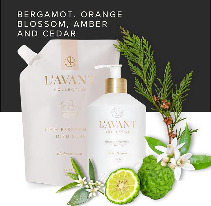 L'AVANT Collective Natural Luxury Dish Soap | Plant-Based, Non-Toxic & Grease-Cutting, Safe for Kids & Pets, Refillable Glass Bottle with Pump, 16 Fl Oz | Blushed Bergamot