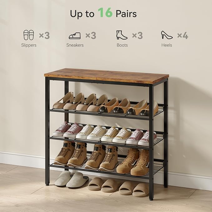 Nunsino Shoe Rack for Closet,4 Tier Shoe Organizer for Entryway,Shoe Shelf with Storage Shelves and Spacious Top,Max Holds 16 of Shoes,Rustic Brown
