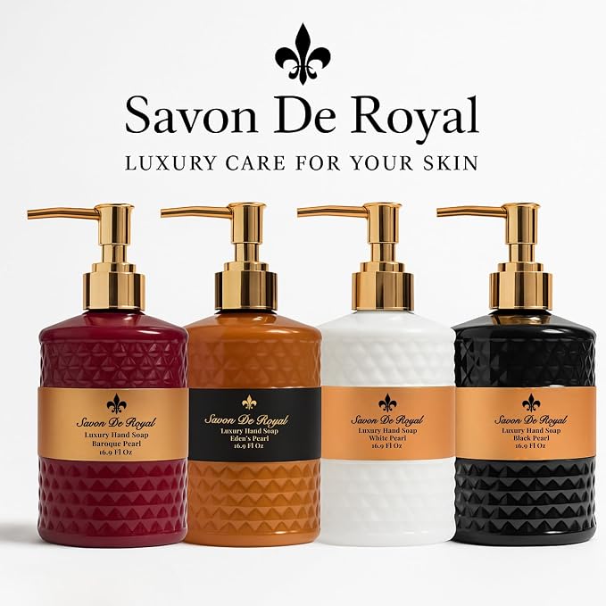 Savon De Royal Luxury Liquid Hand Soap, Jasmine Scent, Moisturizing Vegan Kitchen & Bathroom Soap for Hand Wash, Gentle & Nourishing Formula, Refillable Bottle 16.9 Fl Oz, Eden's Pearl