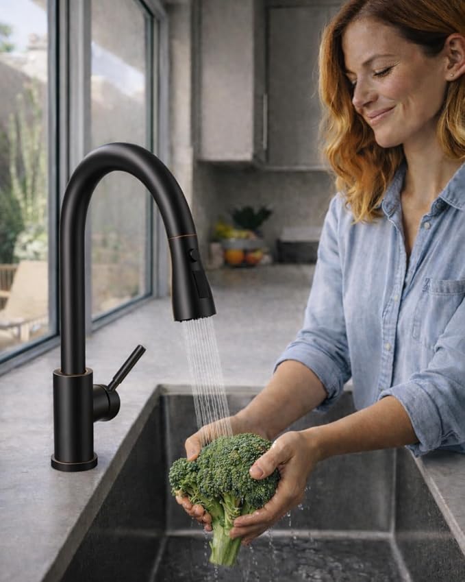 WEWE Kitchen Faucets with Pull Down Sprayer, Stainless Steel Single Handle 1 Hole for Family Kitchen Commercial Camper Laundry Rv Bar, Oil Rubbed Bronze