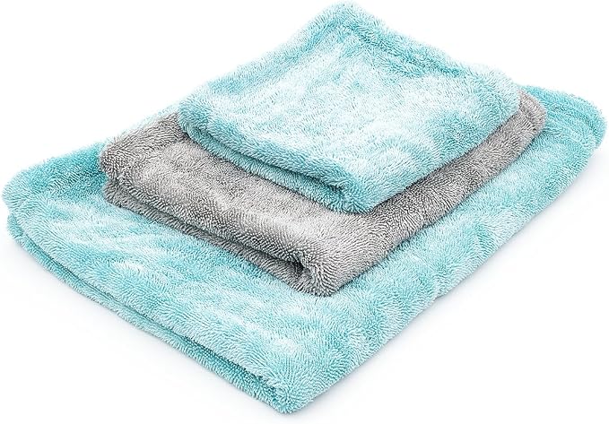 The Rag Company, The Liquid8r, Absorbent 70/30 Blend Microfiber Drying Towel for Cars, Trucks, and SUVs, Safe for Detailing, Scratch-Free, Twist Loop, 1100 GSM, 20x24 Inches, Aqua Blue/Grey