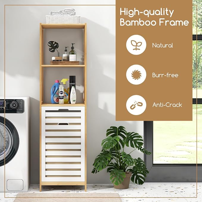 Giantex Tilt Out Laundry Hamper - Laundry Hamper Cabinet with 3 Tier Storage Shelves, Removable Laundry Basket, 51" Tall Freestanding Bamboo Tower Hamper Organizer for Bathroom Small Space