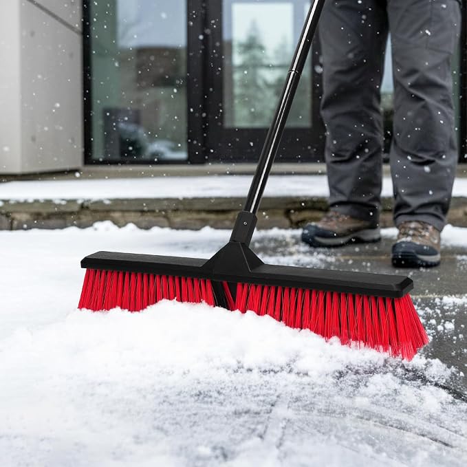 24" Push Broom with 63" Long Handle, Heavy Duty Broom for Floor Sweeping, Stiff Bristles Broom Brush for Workshop, Garage, Concrete, Patio and Deck