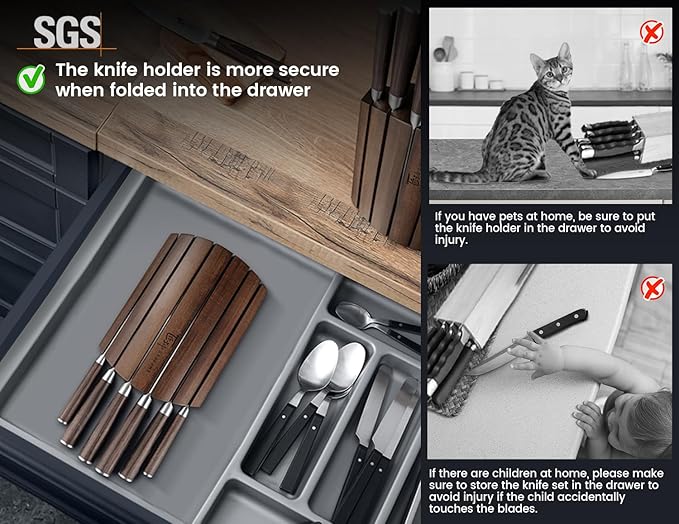 SYOKAMI 2026 Upgrade Knife Set 7 Piece Japanese Style Kitchen Knife Set With Foldable Magnetic Acacia Wood Block Sharp High Carbon Stainless Steel Chef Knives Set with Anti-slip Handle, Ideal for Gift