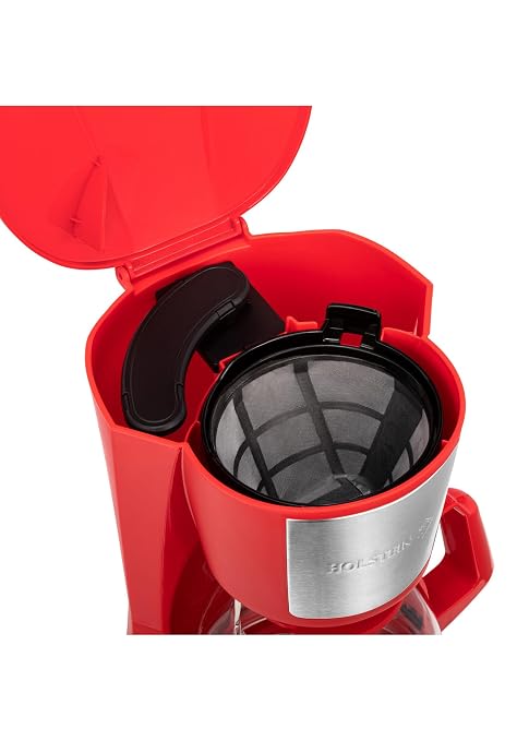 Holstein Housewares 5 Cup Drip Coffee Maker – Compact and User-Friendly with Auto Pause & Serve, Reusable Filter, Measuring Spoon & Glass Carafe, Office & Dorm Use, Red