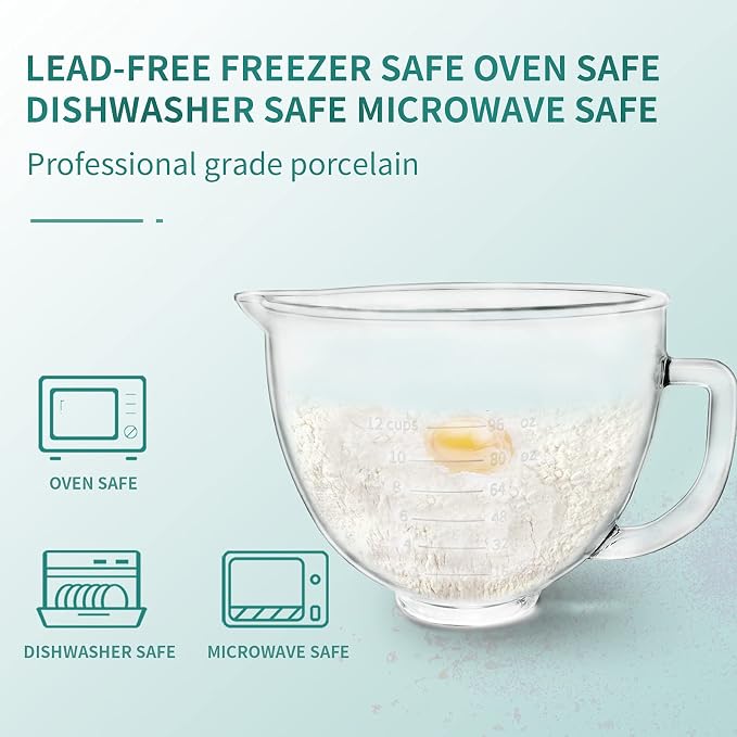 Glass Mixer Bowl For Kitchenaid Tilt-Head Stand Mixers 4.5-5 Quart, 5 qt Mixing Bowl Replacement For Kitchen aid With Measurement Markings,Handle