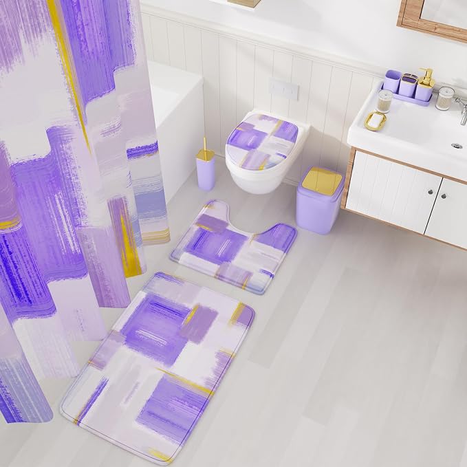 XLHOMO Bathroom Accessories Set - 25PC Bathroom Set with Shower Curtain and Rugs, Purple Bathroom Set, Bathroom Accessory Set with Press-on Lid Trash Can, Soap Dispenser and Qtip Holders