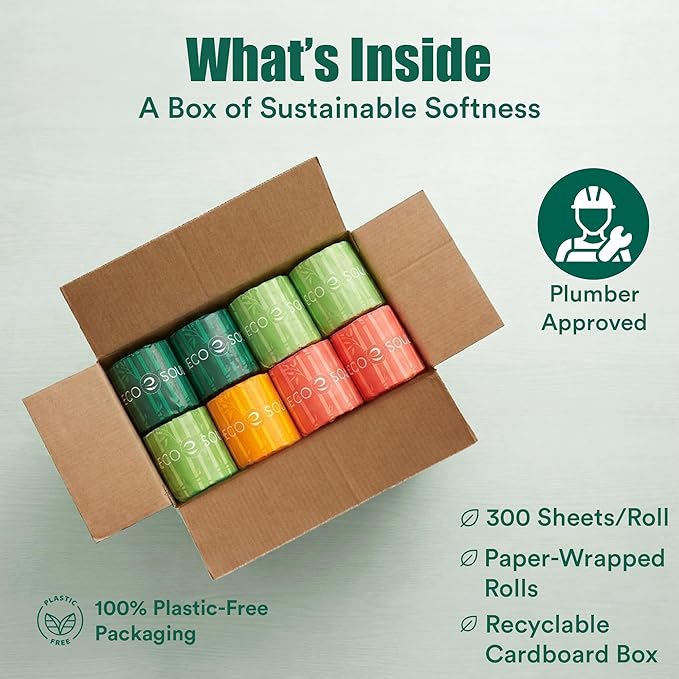 Eco Soul Premium Bamboo Toilet Paper 3 Ply | 24 Mega Rolls | 300 Sheets Each | FSC Certified Hypoallergenic, Textured & Skin-Friendly Septic-Safe Soft Bathroom Tissue Eco-Friendly Chemical & Dye Free