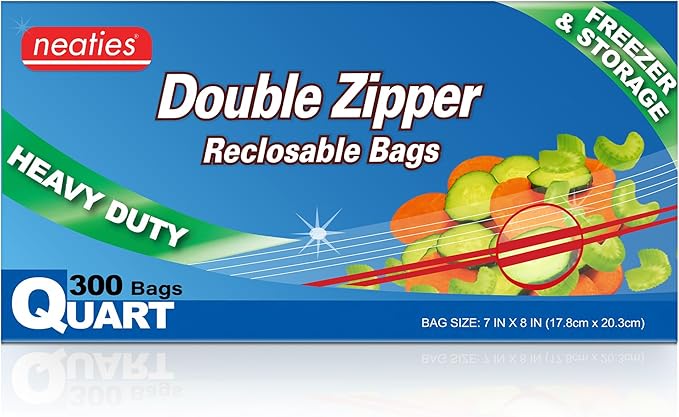1 Quart Resealable Bags – Medium Sized Heavy Duty Freezer Bags with Dual Zipper – 7x8" with Writable Space for Kitchen or Home Storage – BPA-Free Food Grade Plastic – 300 Pack