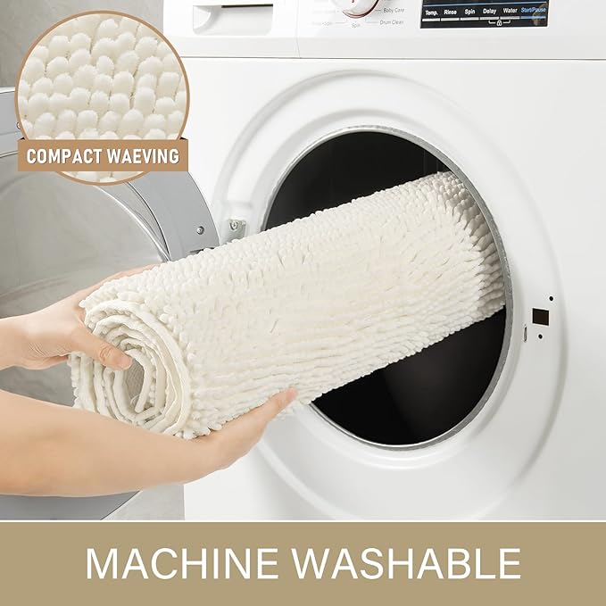 LOCHAS Luxury Bathroom Rug Shaggy Bath Mat 24 x 60 Inch, Cream White | Washable Non Slip Bath Rugs for Bathroom Shower, Soft Plush Chenille Absorbent Carpets