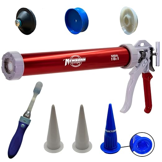 Newborn 620AL-Red Round Rod Caulk Gun with Aluminum Barrel - 18:1 Thrust Ratio | 20 oz. Sausage Cartridge Capacity | Includes Ring Cap, Cones & Sausage Cup