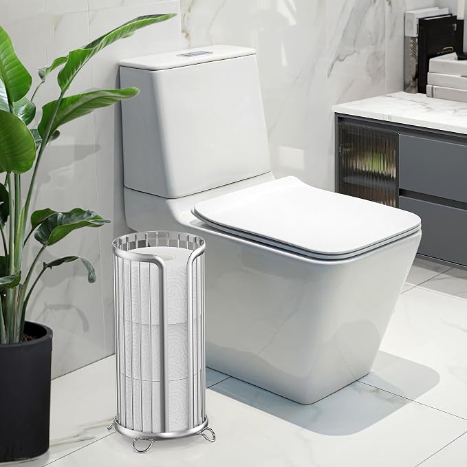 Toilet Paper Holder Stand, Freestanding Toilet Paper Storage,Silver | Waterproof Raised Feet,Rustproof,Fit 3 Mega Rolls,No Drilling No Assemble,Minimalistic Storage,Space-saving Renter Friendly