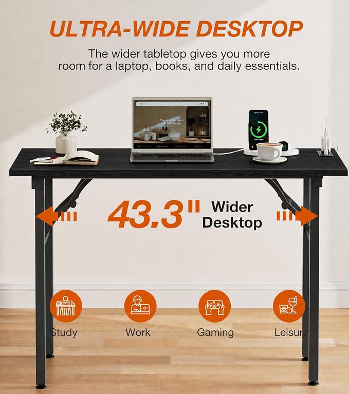 XBurmo Small Folding Desk Folding Table, No Assembly Foldable Desk Gaming Desk, 43.3-Inch Computer Table Workstation with 2 AC Outlets and 2 USB Ports for Bedroom and Home Office, Dark Oak