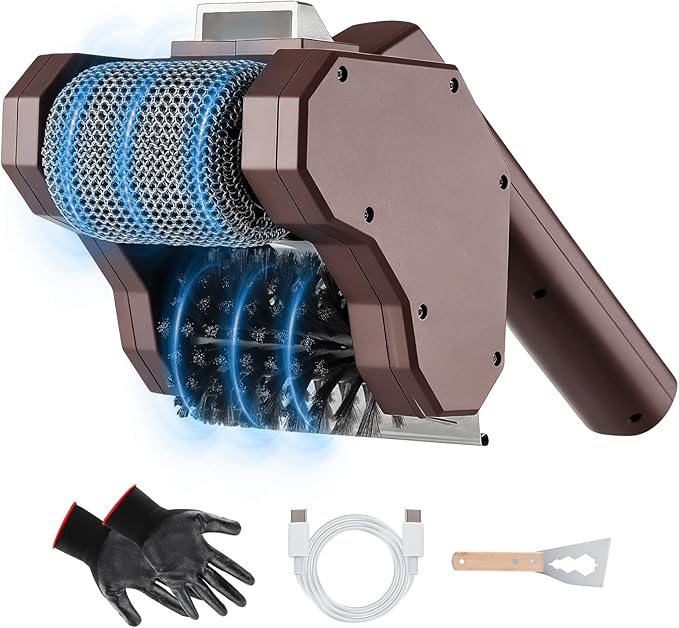 Electric Grill Brush, 350 RPM Rechargeable BBQ Grill Cleaner with 2- in-1 Cleaning Heads, 2600mAh Power Grill Scrubber for Outdoor Flat Top, Cast Iron, Barbecue Grates, Brown