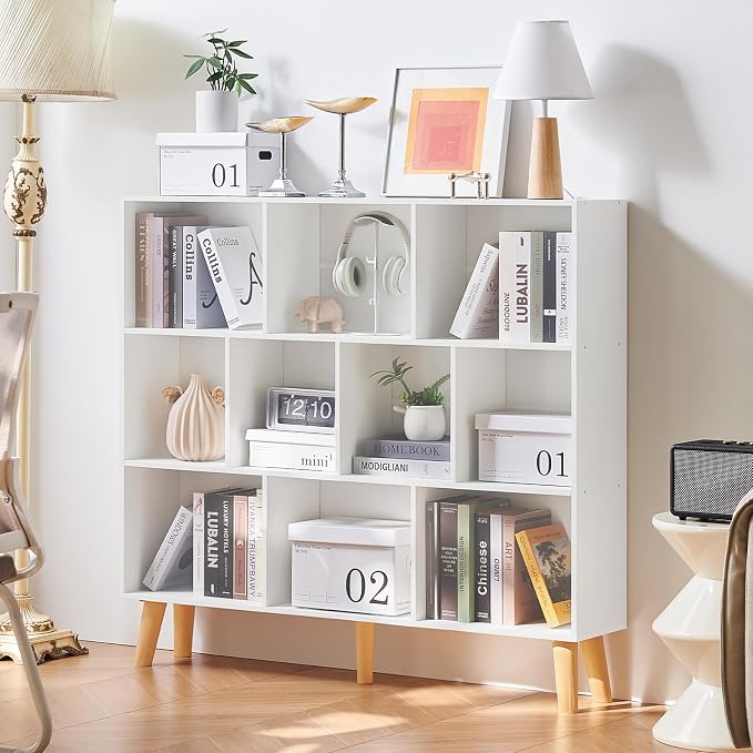 LEYAOYAO 10 Cube Bookshelf, Mid-Century Modern Book Shelf with Legs, White | 3 Tier Bookcase, Rustic Wood Bookshelves Freestanding Large Storage Organizer, Open Shelves for Bedroom, Living Room, Office