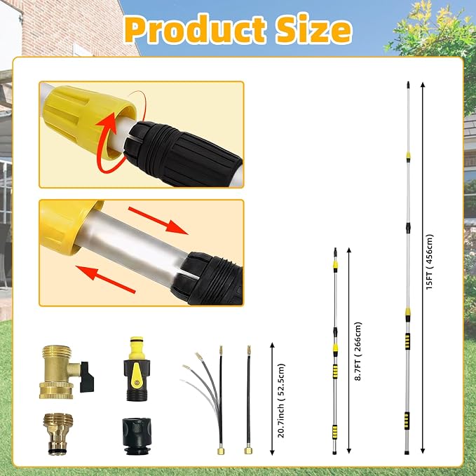 24FT Reach Gutter Cleaner, Gutter Cleaning Tools from the Ground with 3/4" Brass Shut-Off Valve & Bendable 360° Rotating Water Wand, Safe Cleaning for 2-Story Homes