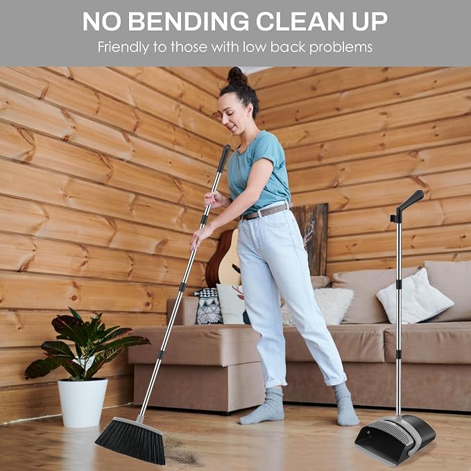 Broom and Dustpan Set for Home, 51-in Long Adjustable Handle Angle Broom and Dustpan Combo Set with Dust Pan Teeth to Clean Hair for Home Kitchen Office Lobby Floor Garden (Black&Grey)