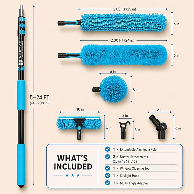 High Ceiling Duster Kit with 5-24FT Heavy Duty Extension Pole, Reaches Up to 30FT, Includes Microfiber Feather Duster, Cobweb and Ceiling Fan Duster, Window Squeegee Cleaner & Skylight Hook (24FT)