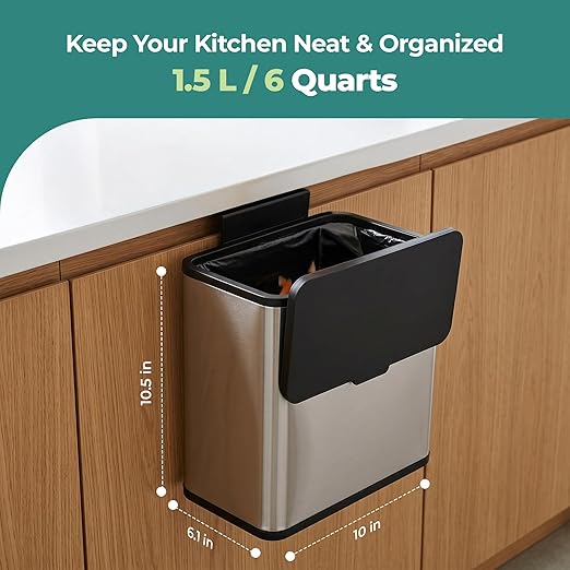 HOLDN’ STORAGE 6L Compost Bin Kitchen for Countertop, Hang-on Cabinet Door, Small Trash Can with Lid, Odor Control, Stainless Steel, Fingerprint-Resistant, for Bathroom, RV, Office