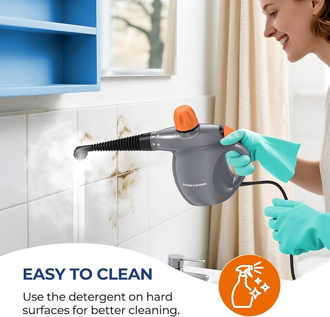 Steam Cleaner, Pressurized Handheld 13pcs Multi-Purpose Natural Deep Cleaning Steamer, Portable Steamer for Cleaning Home, Grout, Kitchen, Car, Window, Upholstery, Bathroom and Clothes, Orange&Gray